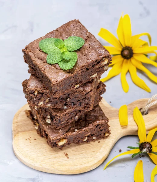 Stapel Von Gebackenen Quadratischen Stücken Schokolade Brownie Pie Mit Walnüssen — Stockfoto