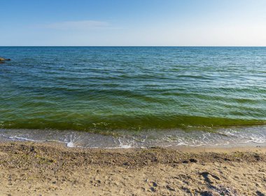 Bir yaz günü, kumlu sahilden Karadeniz 'e Demir Liman Ukrayna köyü manzarası