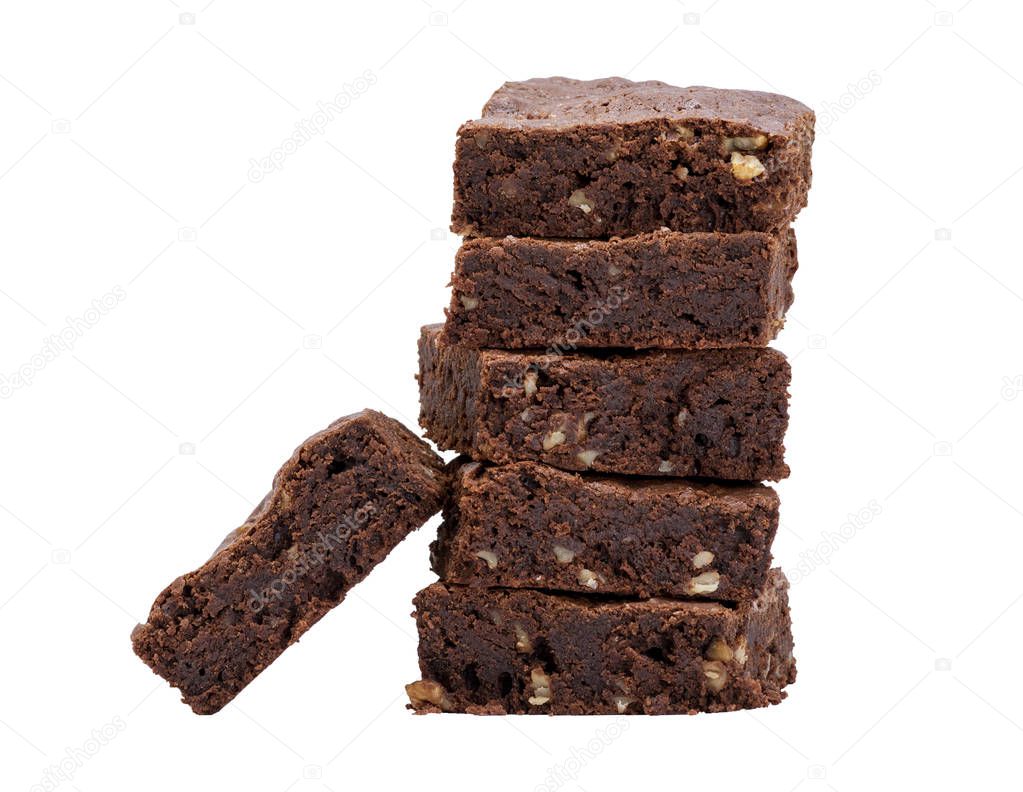 stack of baked square slices of chocolate brownie pie isolated on a white background
