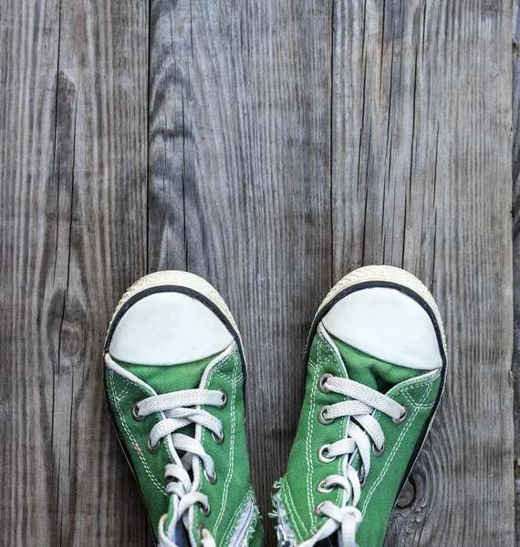 Pairs Old Textile Green Classic Sneakers Stand Gray Wooden Background — Stock Photo, Image