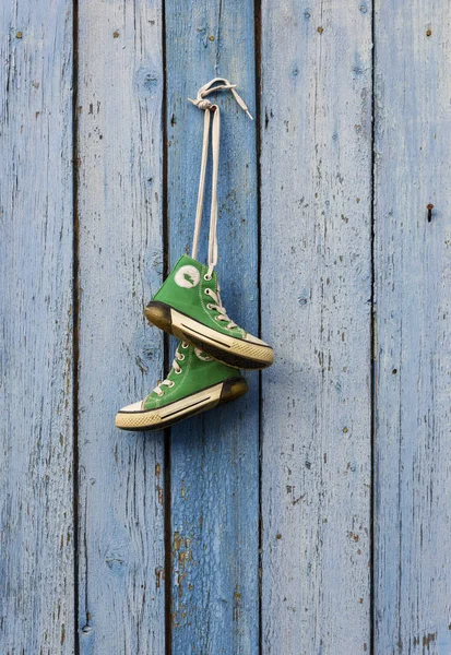 Pairs Old Textile Green Classic Sneakers Hang Cord Blue Shabby — Stock Photo, Image