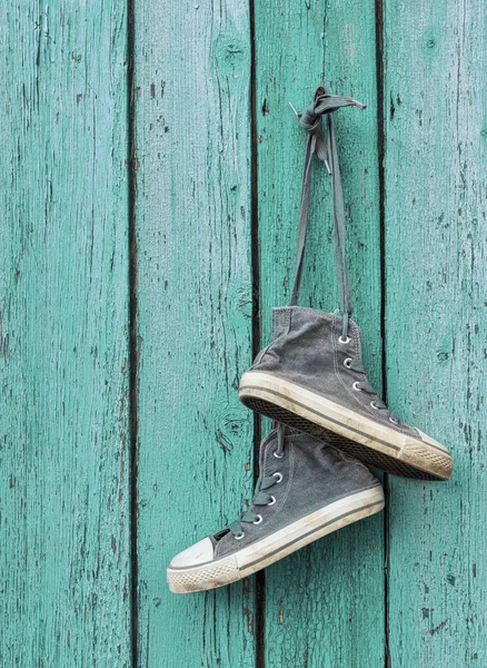 Pair Very Worn Black Textile Sneakers Hang Nail Green Shabby — Stock Photo, Image