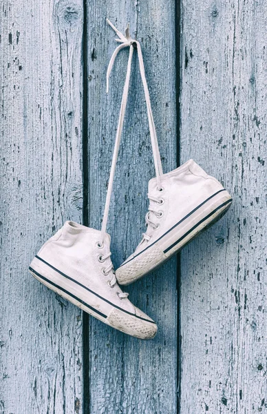 Pair Very Old White Old Textile Sneakers Hanging White Cord — Stock Photo, Image