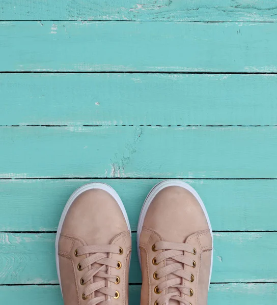  pembe çift kadın Deri Ayakkabı bağcıklarımı mavi ahşap zemin ile