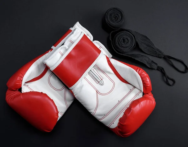 Pair Red Leather Boxing Gloves Black Textile Bandage Black Background — Stock Photo, Image