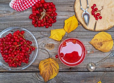 bir gri ahşap masa, üstten görünüm, önleme ve soğuk algınlığı tedavisinde taze kırmızı çay kartopu bir şeffaf cam fincan taze meyveler, çilek