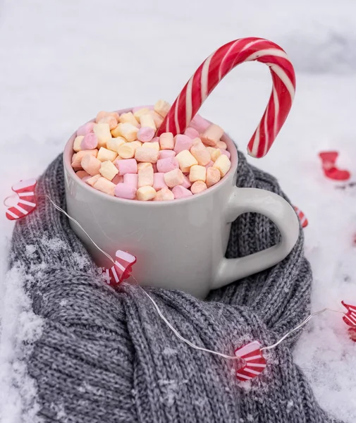 Keramiktasse mit heißer Schokolade mit Marshmallows auf weißem Schnee — Stockfoto