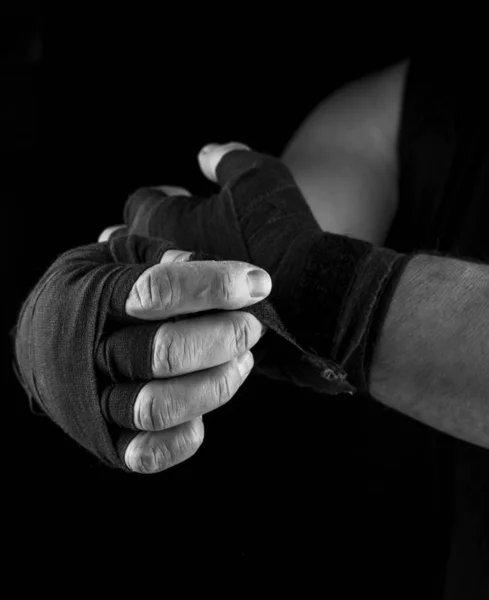 Man Wraps His Hands Black Textile Bandage Sports Black White — Stock Photo, Image