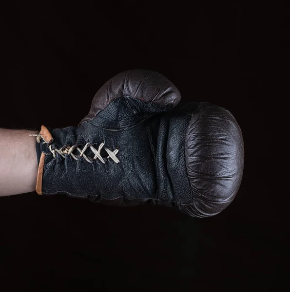 Brown Boxing Glove Dressed Man Hand Black Background — Stock Photo, Image