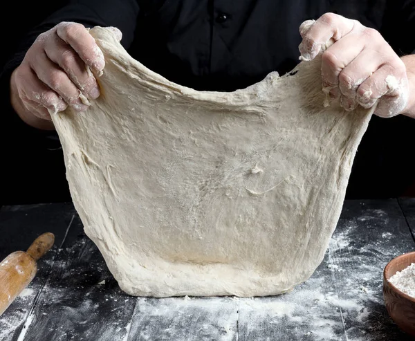 Chef Black Jacket Kneads Dough White Wheat Flour Close — Stock Photo, Image