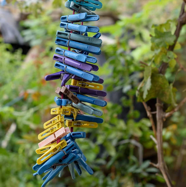 lot of hanging plastic colored clothespins on a rope in the street