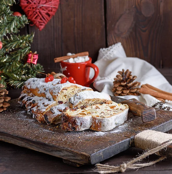 Stollen Traditional European Cake Nuts Candied Fruit Dusted Icing Sugar — Stock Photo, Image