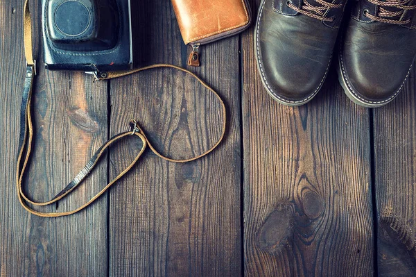 Pair Leather Brown Shoes Old Vintage Camera Case Wooden Background — Stock Photo, Image