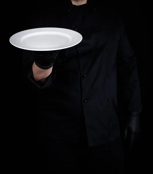 Cozinhe Uniforme Preto Luvas Látex Preto Segura Sua Mão Uma — Fotografia de Stock