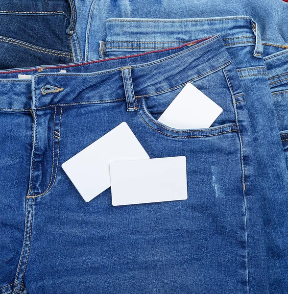 Blank White Paper Business Cards Blue Jeans Background Close Royalty Free Stock Images