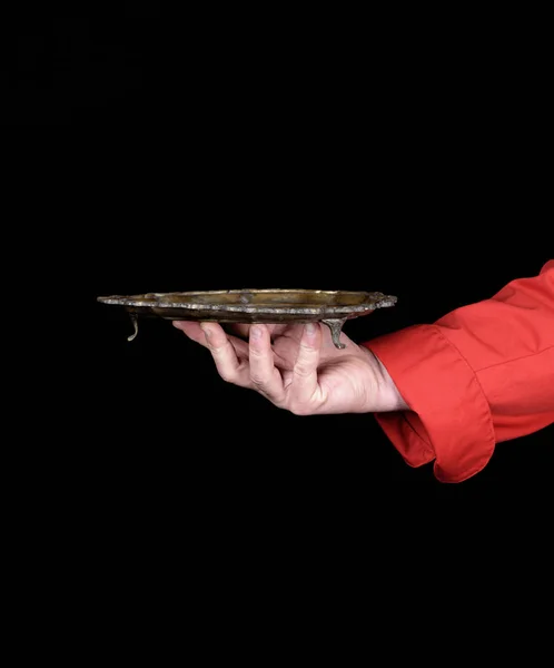 Mão Direita Chef Uniforme Vermelho Segurando Uma Placa Cobre Vazia — Fotografia de Stock