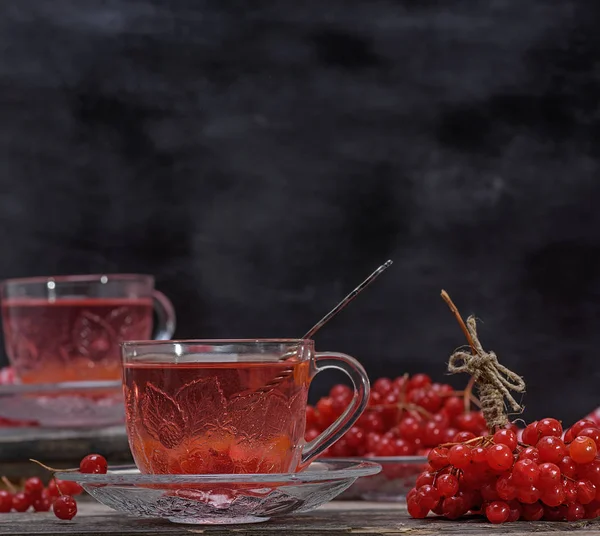 Hot Viburnum Tea Transparent Cup Handle Saucer Gray Wooden Table — Stock Photo, Image