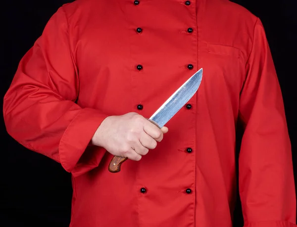 Chef Uniforme Rossa Con Coltello Cucina Nella Mano Destra Sfondo — Foto Stock