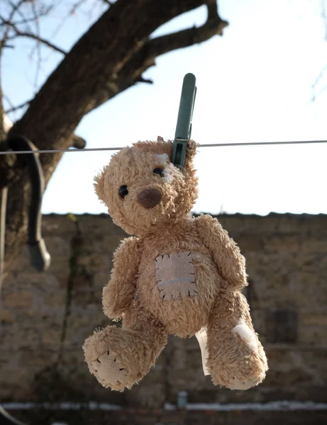 Oude Teddybeer Hangend Een Waslijn Een Besneeuwde Winterdag — Stockfoto