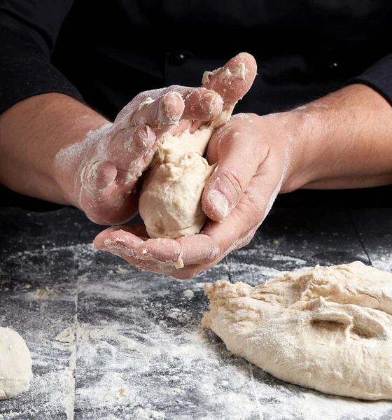 Cook Making Dough Balls Black Wooden Table Close — Stock Photo, Image