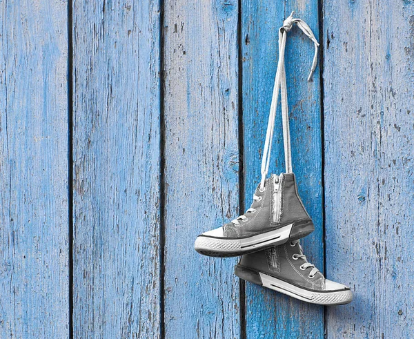 Pair Used Gray Textile Shoes Hang Blue Background Copy Space — Stock Photo, Image