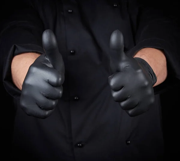 Mano Chef Masculino Guantes Látex Negro Uniforme Negro Muestra Gesto — Foto de Stock