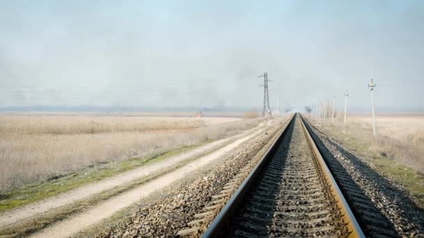 遥远的视野的铁轨火车在草原中间 — 图库视频影像