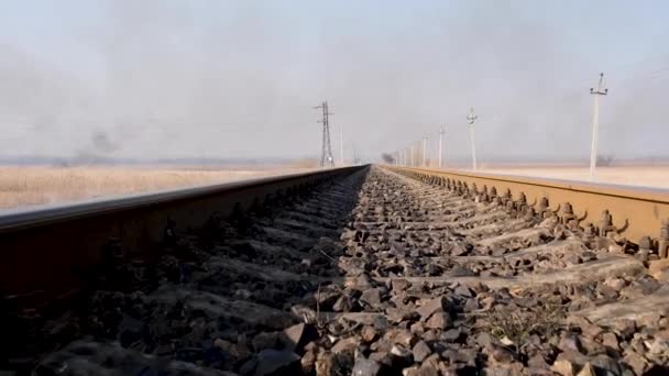 Fernsicht Auf Die Eisenschienen Für Züge Mitten Der Steppe Ansicht — Stockvideo