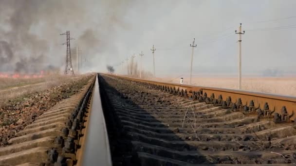 ウクライナ草原の真ん中に列車のため鉄のレールの遠景 — ストック動画