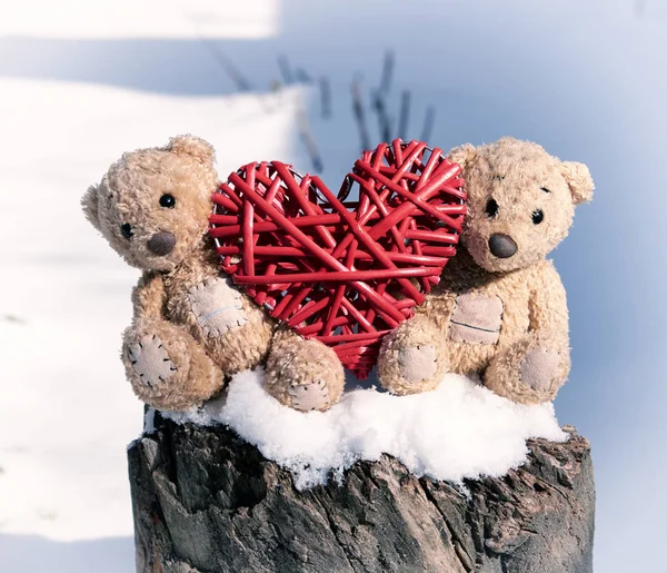 Two small teddy bears are sitting on a stump — Stock Photo, Image
