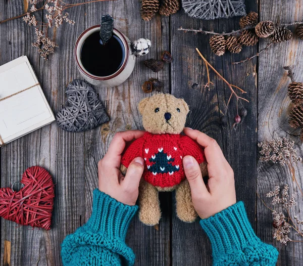 Las manos de las mujeres en un suéter verde están sosteniendo un viejo peluche marrón — Foto de Stock