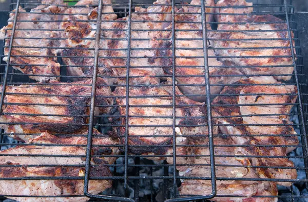 Fatias de carne de porco na costela assar em uma grade de ferro, vista superior — Fotografia de Stock