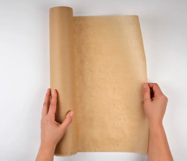 roll of brown parchment paper in female hands