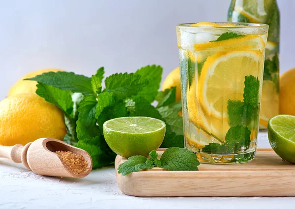레몬, 민트 잎, 라임과 여름 상쾌한 음료 레모네이드 — 스톡 사진