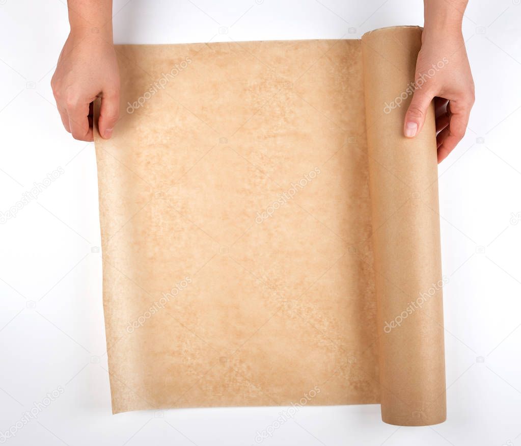 roll of brown parchment paper for baking food in female hands