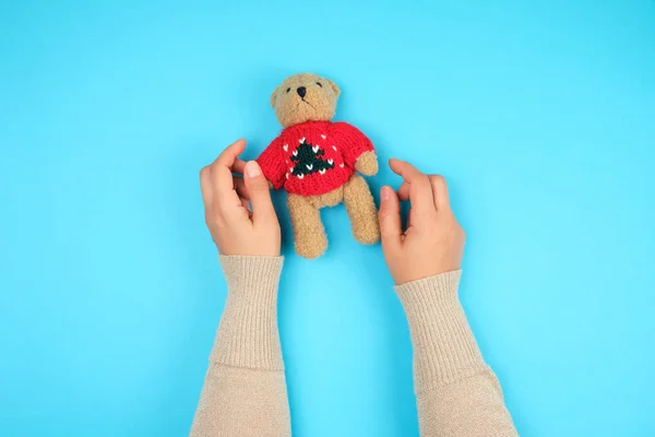 Due mani femminili tengono un piccolo orsacchiotto giocattolo — Foto Stock
