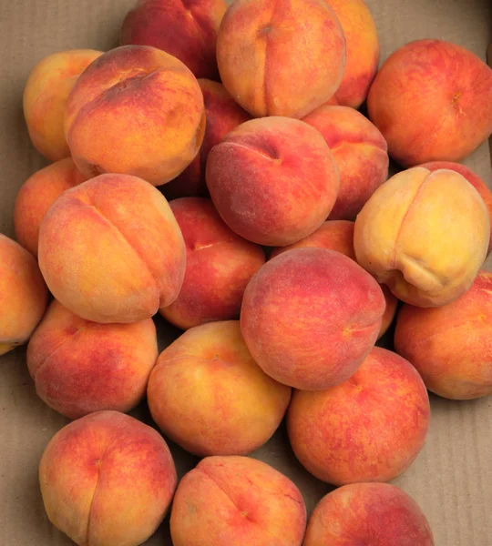Heap of ripe yellow-red round peaches — Stock Photo, Image