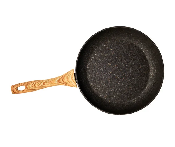 New empty frying pan with a brown handle isolated on a white bac — Stock Photo, Image