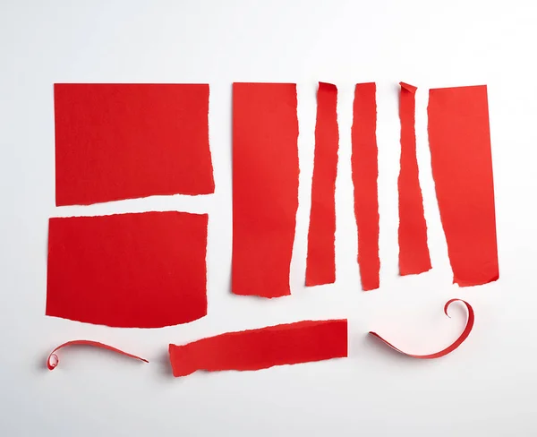 Várias tiras rasgadas de papel vermelho em um fundo branco , — Fotografia de Stock