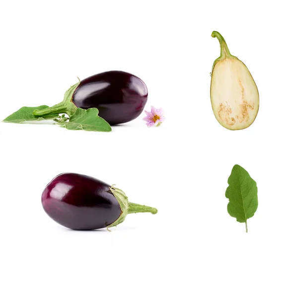 Hele aubergine plantaardige set, half en groen blad — Stockfoto