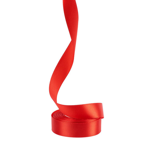 curled red satin ribbon isolated on white background