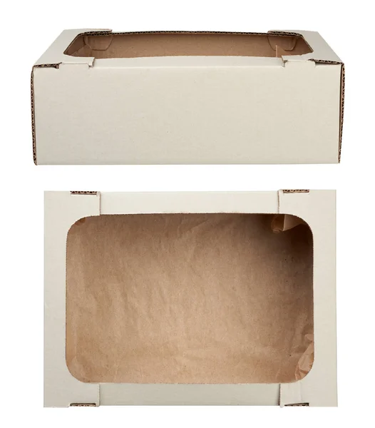 段ボール製の空の白い紙箱で 底に羊皮紙があり 蓋のないもの クッキー用の容器及び食品用の容器 異なる角度のセット — ストック写真