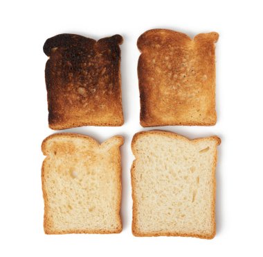 Tost makinesinde kızartılmış beyaz buğday unundan yapılmış kare dilimler, değişik derecelerde kızartma,