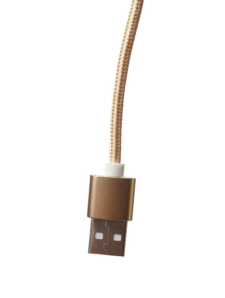 Zlatý Kabel Usb Konektorem Pro Nabíjení Zapínání Elektronických Zařízení Bílém — Stock fotografie