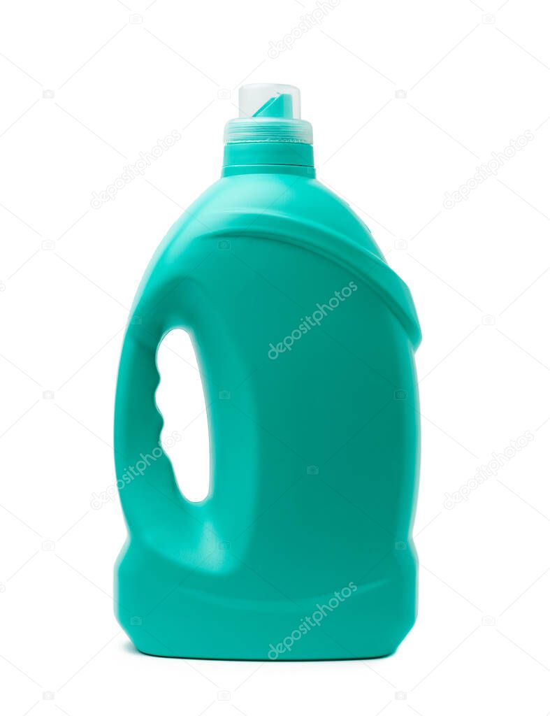 light green plastic bottle for liquid detergent isolated on a white background, close up