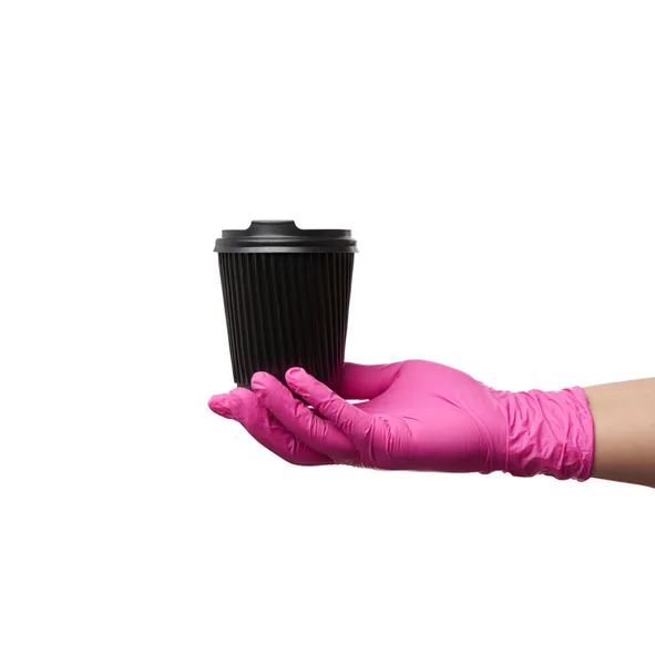 Hand Een Roze Latex Handschoen Houdt Een Papieren Wegwerp Kartonnen — Stockfoto
