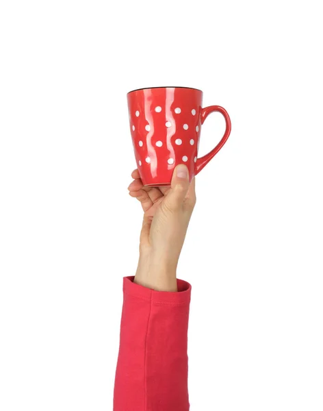 Rote Keramiktasse Weiblicher Hand Auf Weißem Hintergrund Die Hand Erhoben — Stockfoto