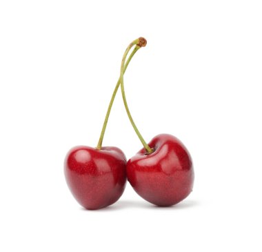 two red connected sweet cherries isolated on a white background, tasty and ripe fruit clipart