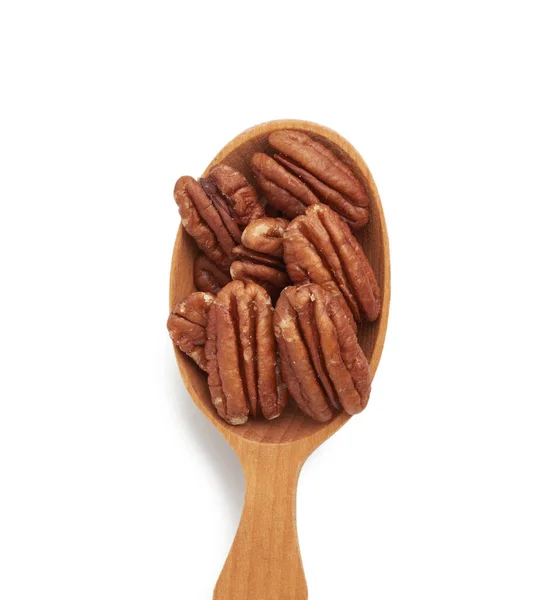 Peeled Pecans Brown Wooden Spoon Isolated White Background Top View — Stock Photo, Image