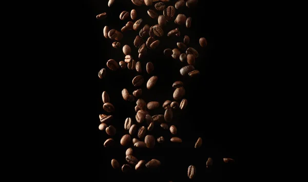 Flying Roasted Coffee Grains Black Background Fragrant Ingredients Drink — Stock Photo, Image
